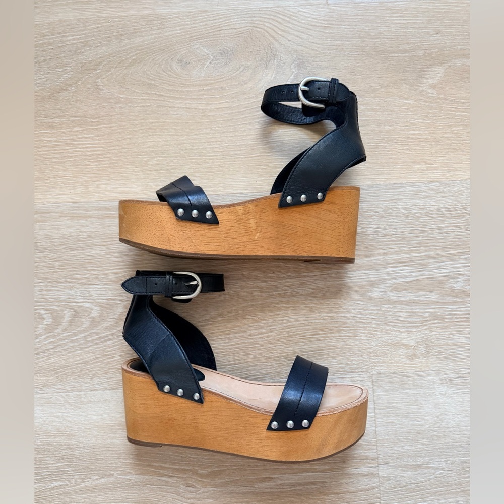 Frye Alva Flatform Wood Wedge Sandals Leather Platform Ankle Strap Women’s 9.5 - Picture 2 of 8